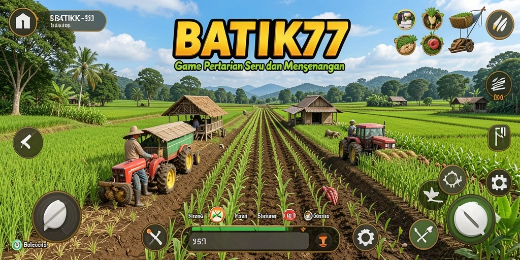 Tampilan gameplay BATIK77 yang menunjukkan kebun dan aktivitas pertanian.