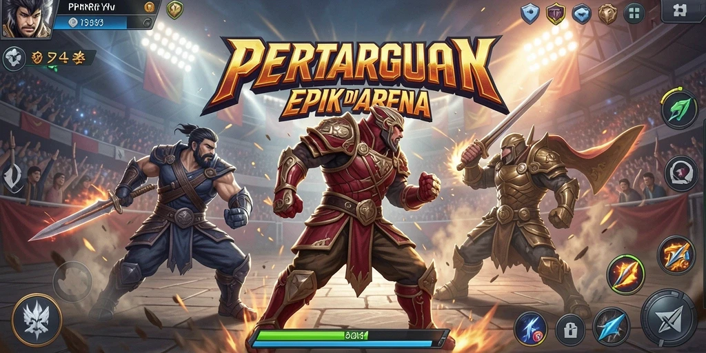 Tangkapan layar utama PPRRYY menampilkan pertarungan seru dalam arena yang dinamis.