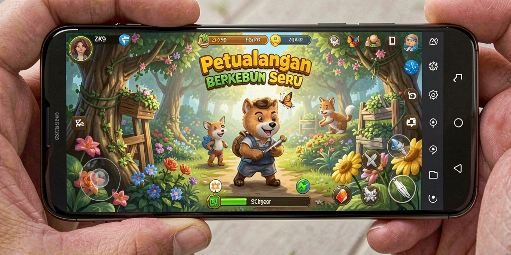 Screenshot menunjukkan gameplay seru ZK9 dengan kebun yang rimbun.